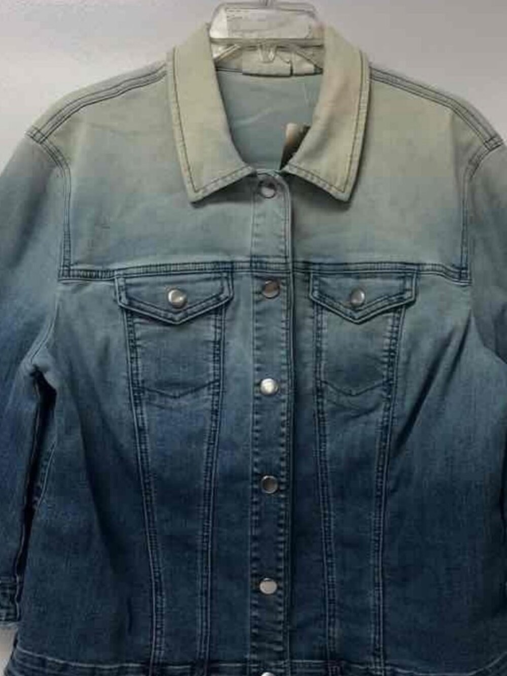Chico's Size 2 Large BOHO Crop Jean Jacket Ombre Blue Flare Sleeve Bell Raw Edge